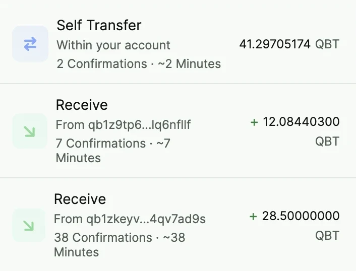 The Qbit Wallet history screen listing a self-transfer and two confirmed incoming payments.